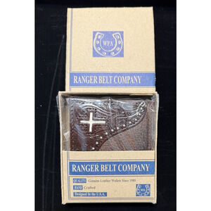 Ranger Belt Co Dark Brown Leather Bifold Wallet with Cowhide Inlay & Cross – NWT